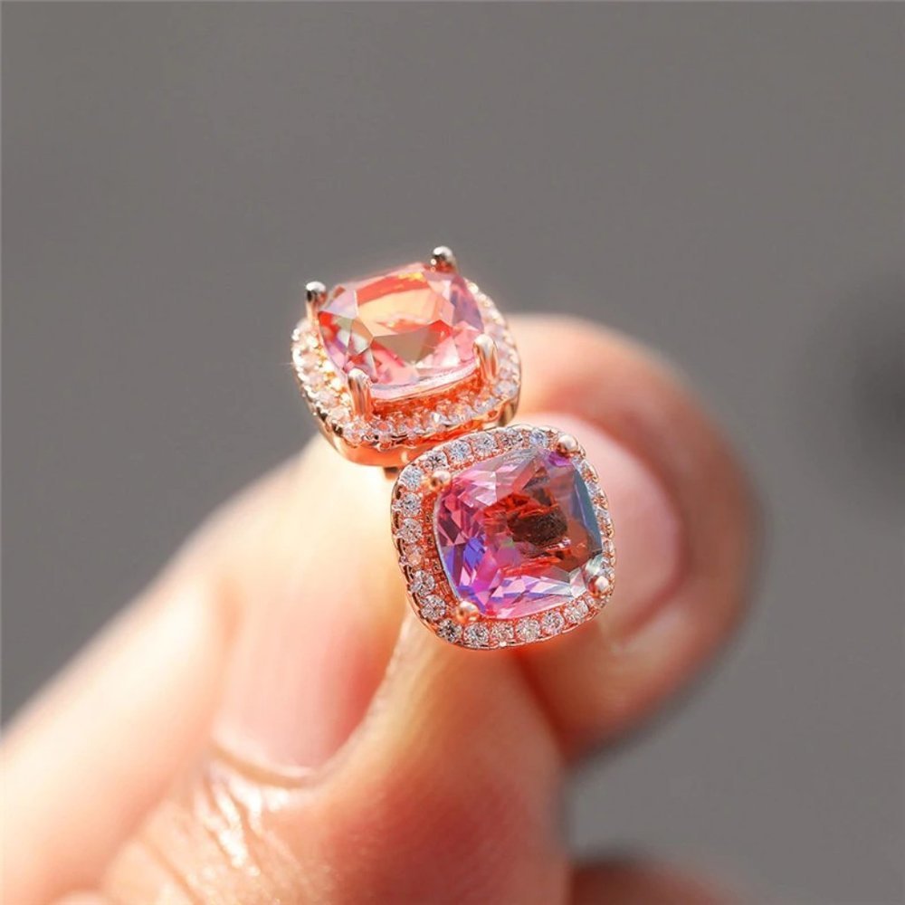 NEW Rose Gold Rainbow Diamond Halo Stud Earrings - Picture 2 of 4